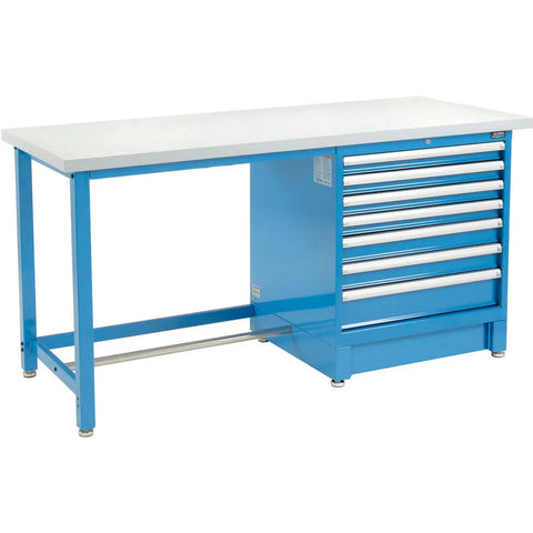 Built Tough 72 Inch Wide 30 Inch Deep Modular Workbench Station With Seven Lockable Drawers Plastic Laminate Top And Heavy Duty Blue Steel Frame.