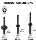 Heavy Duty Tri Grip Aluminum Pop Rivets With Waterproof O Rings Top Shelf Hardware Fasteners For Auto Body Work And Backyard Fixes 60 Piece Pack product dimensions and sizes shown