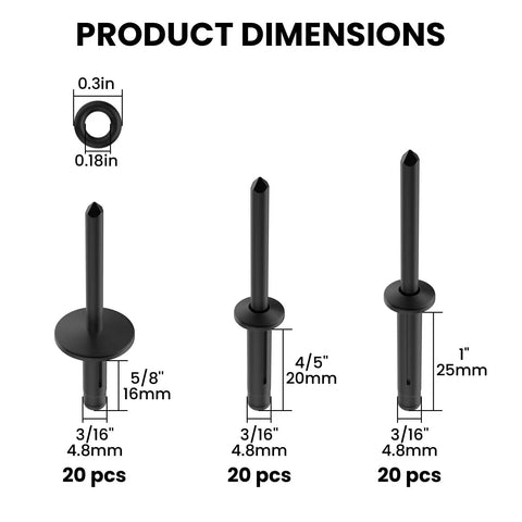 Heavy Duty Tri Grip Aluminum Pop Rivets With Waterproof O Rings Top Shelf Hardware Fasteners For Auto Body Work And Backyard Fixes 60 Piece Pack product dimensions and sizes shown