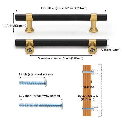 Slick Black And Gold Barrel Cabinet Pulls 10 Pack Featuring Heavy Duty Zinc Alloy Build And No Hassle Mounting For Sleek Kitchen Drawers And Bathroom Vanities measurement details and screws