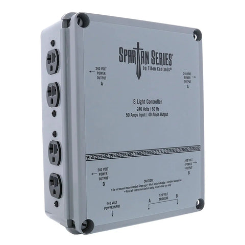 Spartan Series 8 Light Grow Controller For 240V Setups With Dual Trigger Cords, front view, tan finish, heavy-duty.