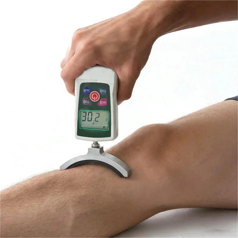 Straight Up Digital Push Pull Force Gauge With A Smooth Handheld Dynamometer Design Built Like A Tank For Sports Rehab And Muscle Gains Hella Precise Newtons Pounds And Ounces Conversion Plus Fast Peak Hold measuring force on an arm.