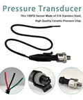 Stainless Steel Pressure Transducer Sensor With Connector One Eighth NPT Thread For Oil Fuel Air Water Pressure Monitoring 100 PSI High Precision Within Two Percent Full Scale Surge Protected Fuel Pressure Sensor For Tanks, front view