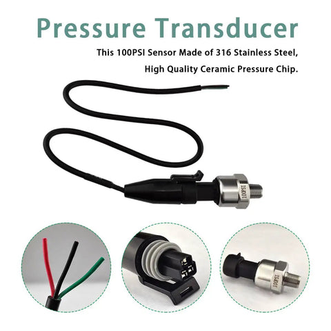 Stainless Steel Pressure Transducer Sensor With Connector One Eighth NPT Thread For Oil Fuel Air Water Pressure Monitoring 100 PSI High Precision Within Two Percent Full Scale Surge Protected Fuel Pressure Sensor For Tanks, front view