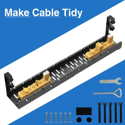 Extendable Under Desk Cable Management Tray With Clamp No Drill Metal Organizer, includes power strip holders and tools.