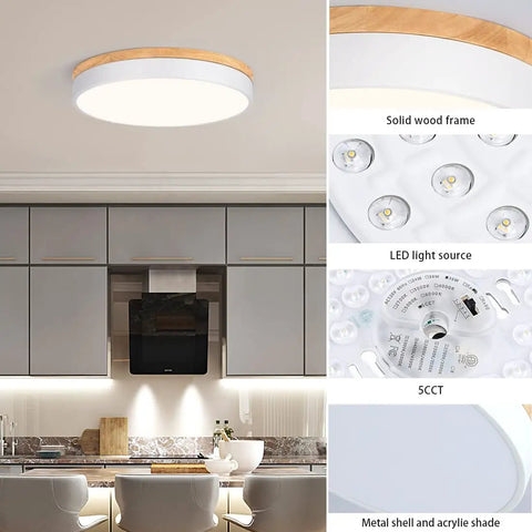 Wooden Flush Mount Ceiling Light With Dimmable LED 5CCT 2700K 6000K Round 16 Inch Ceiling Fixture For Kitchen Living Room Dining Room And Bedroom Modern Farmhouse Style Easy Install And Brilliance Control Lit