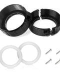 Set of two spa hot tub heater pump union split-nuts; black plastic with white gaskets and four screws.