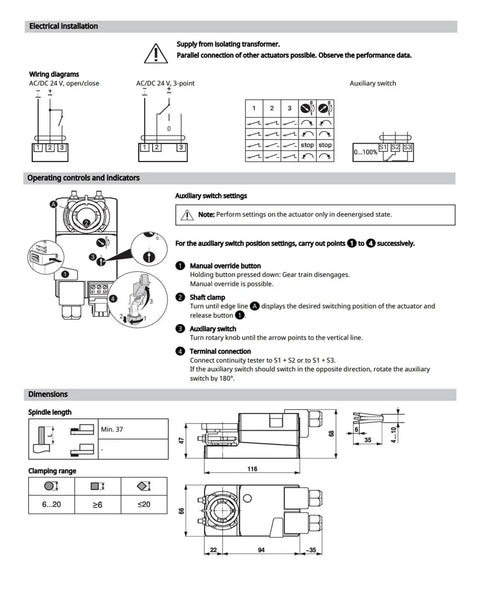 Illustration of Beefy 5Nm Damper Actuator For HVAC Airflow Control 24V DC Motor wiring, settings, and dimensions.