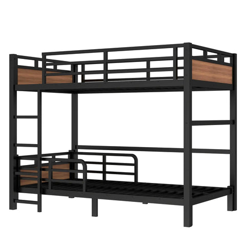Detachable Twin XL Bunk Bed With Metal Guardrails In Walnut Finish, Space Saving Convertible Loft System That Becomes Separate Loft And Platform Beds