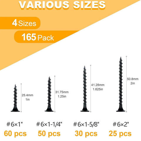 Drywall And Wood Screws 165 Piece Assortment Kit Size 6 Black Coarse Thread With Phillips Bugle Head 1 Inch To 2 Inch Lengths