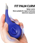 Hand holding ergonomic tool for precision electronics repair, designed to fit palm curve for better control.