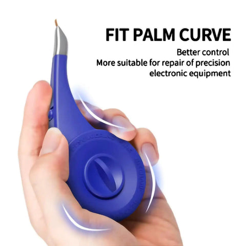 Hand holding ergonomic tool for precision electronics repair, designed to fit palm curve for better control.