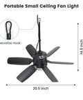 Outdoor 20.5 Inch Plug-In Ceiling Fan With Light For Gazebo And Patio-Ready Canopy Tent Porch Or RV - Side view showing size and hook