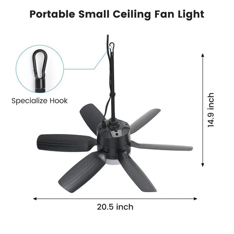 Outdoor 20.5 Inch Plug-In Ceiling Fan With Light For Gazebo And Patio-Ready Canopy Tent Porch Or RV - Side view showing size and hook