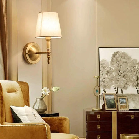 Modern Wall Lamp With Warm Brass Arm And White Drum Shade Hardwired For Bedside Hallway Or Aisle Decor Sconce Lighting