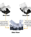 Diagram of 10 Pack 4 Pin Waterproof LED Strip Connector for 10mm RGB 5050 Strips, showing wire end, strip end, and side view.