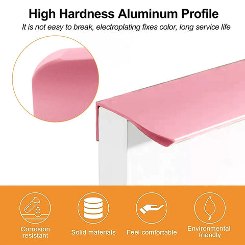 Close-up of pink Sleek Finger Edge Pull 8 Pack Hidden Drawer Handles Modern Curved Aluminum Alloy Invisible Cabinet Pulls 150mm.