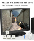 Gaming setup showing a monitor with a FPS game, keyboard keys, and mouse highlighting Three Key USB Foot Pedal Programmable Foot Switch For PC That Acts Like A Keyboard And Mouse, Customize Shortcuts Hotkeys And Macros, Control Video Games