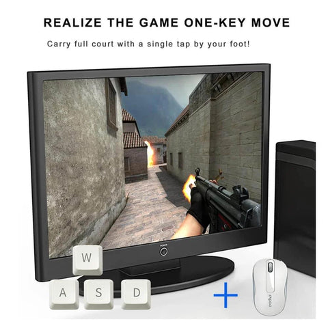 Gaming setup showing a monitor with a FPS game, keyboard keys, and mouse highlighting Three Key USB Foot Pedal Programmable Foot Switch For PC That Acts Like A Keyboard And Mouse, Customize Shortcuts Hotkeys And Macros, Control Video Games