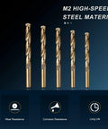 Five Piece Drill Bit Set Pro Grade 3.4mm To 7.9mm M2 High Speed Steel Jobber Straight Shank 135 Degree Split Point Gold Finish