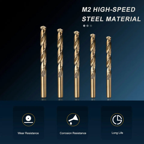 Five Piece Drill Bit Set Pro Grade 3.4mm To 7.9mm M2 High Speed Steel Jobber Straight Shank 135 Degree Split Point Gold Finish