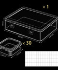 Clear Bead Organizer Kit With 30 Small Storage Containers, Hinged Lids And Label Tabs, dimensions showing plastic craft box.