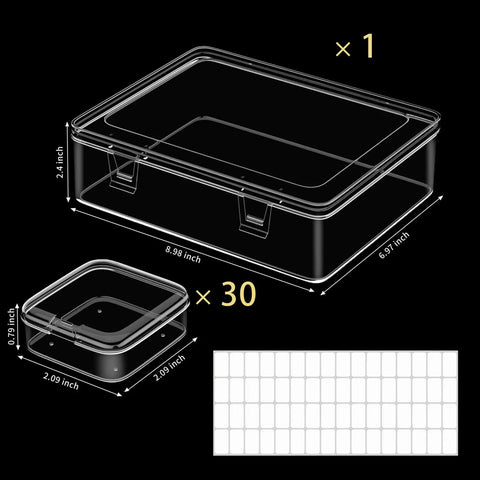 Clear Bead Organizer Kit With 30 Small Storage Containers, Hinged Lids And Label Tabs, dimensions showing plastic craft box.