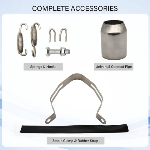 Carbon Fiber Universal Motorcycle Slip On Muffler Exhaust 1.5 To 2 Inch accessories with springs, hooks, pipe, clamp, and strap.