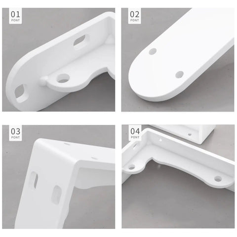 Super Tough White Iron Wall Mount Floating Shelf Brackets With Reinforced Triangle Brace, showing various angles and details.