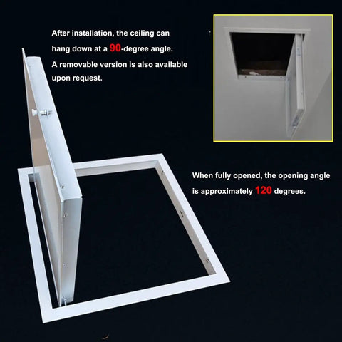Galvanized Steel Attic Access Panel With Smooth Flush Door For Drywall Ceilings And Walls Sweet Fit Plumbing Service Cover Plate 22 By 36 Inches showing a 90-degree angle opening.