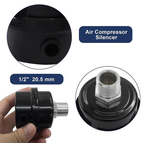 Close-up of Two Pack Air Compressor Silencer Kit With One Half Inch Threaded Intake Filters 20 mm Mufflers in hand