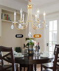 Gold Farmhouse Crystal Chandelier For Dining Room And Kitchen Island, 6 Light French Country Ceiling Fixture above dining table