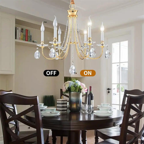 Gold Farmhouse Crystal Chandelier For Dining Room And Kitchen Island, 6 Light French Country Ceiling Fixture above dining table