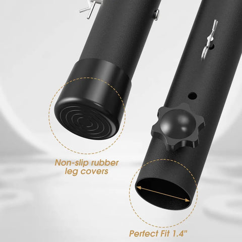 Close-up of heavy duty adjustable table risers and leg extenders, showcasing non-slip rubber covers and perfect fit for stability.