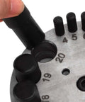 Close-up of Beefy Workhorse Round Disc Cutter Kit With 17 Dies, showing steel construction and punch diameters up to 20mm.