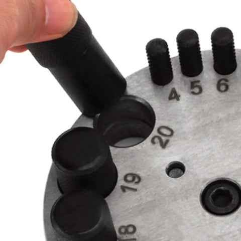 Disc Cutter Set For Jewelry Making, Manual Hole Puncher With Round Punch Dies in use, showing punch sizes 4mm to 20mm