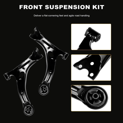 ASAPE front suspension kit for Toyota Corolla (2009–2013), 12-pcs, black control arms with ball joints and tie rod ends.