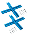 3 Inch T Track Intersection Kit With Predrilled Mounting Holes And Wood Screws 2 Sets Aluminum Universal T Track Accessories For DIY Woodworking Jigs And Fixtures That Lets You Slide And Position Jigs Smoothly, showing two blue aluminum track intersections with screws.