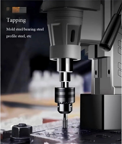 Heavy Duty Magnetic Drill Press For Pro Metalworking And Construction-Industrial Grade Electric Tapping Rig in use with steel.