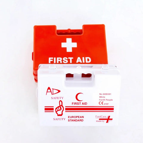 Heavy Duty Wall Mounted First Aid Kit Boss Grade for Worksites and Offices shown in red and white with handle
