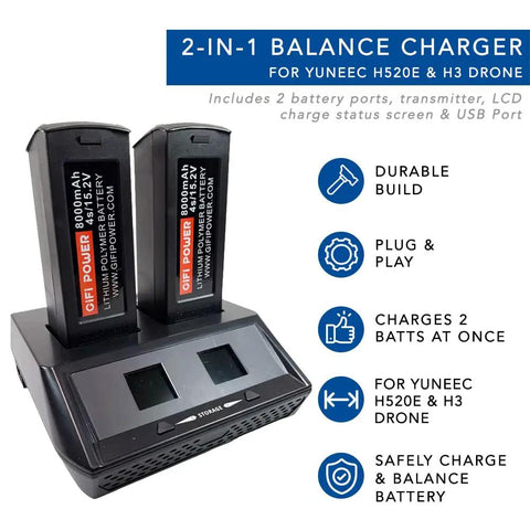 2 In 1 Fast Drone Battery Balance Charger For Yuneec H520E And H3 Batteries With LCD Display, Precision Pin Slots, Efficient Power Delivery