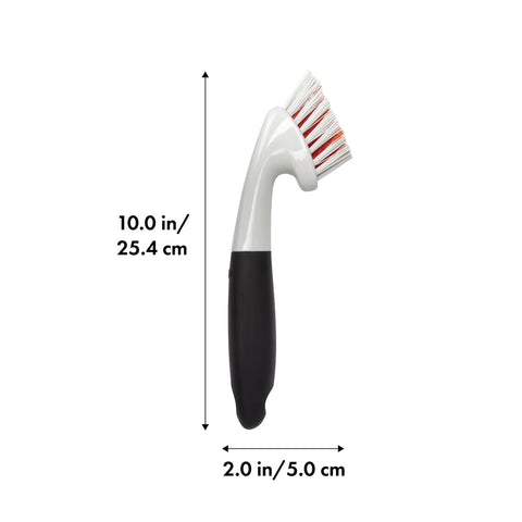 Side view of Grout Brush With Non Slip Handle For Mildew Soap Scum And Grime Removal In Showers Sinks Tiles Tough Bristles Clean Grout Lines and Door Tracks No Sweat To Use In Bathroom And Kitchen with measurements