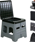 Road Ready Portable Camping Outdoor Toilet For Adults With Secure Snap Lid, Super Sturdy Foldable Travel Potty And Leak Proof Porta Potty For Rv Vans Grey, shown with lid open and accessories.