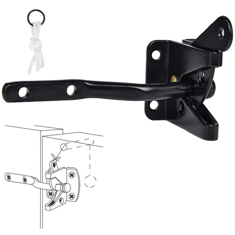Beefy Gate Hardware Kit With Self Locking Gate Latch and diagram for wooden fences, rust-resistant black powder-coated steel