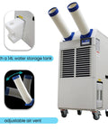 Industrial Portable Air Conditioner Delivers Badass 18700 BTU Cooling Power And Crushes Blistering Heat Like A Champ With 950 Cubic Meter Airflow And A Roomy 14 Liter Tank For Seamless Indoor Or Outdoor Use, featuring dual air vents and 14L tank.
