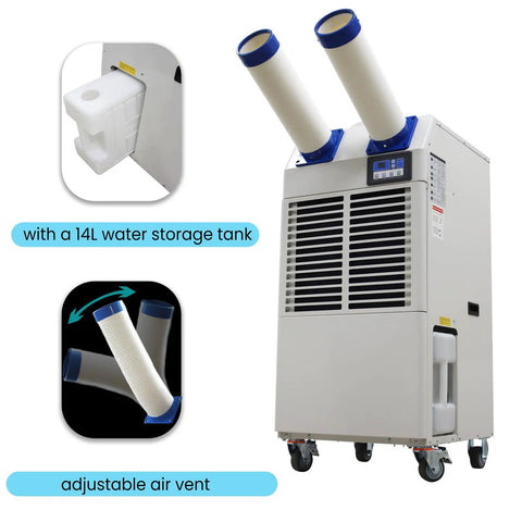 Industrial Portable Air Conditioner Delivers Badass 18700 BTU Cooling Power And Crushes Blistering Heat Like A Champ With 950 Cubic Meter Airflow And A Roomy 14 Liter Tank For Seamless Indoor Or Outdoor Use, featuring dual air vents and 14L tank.