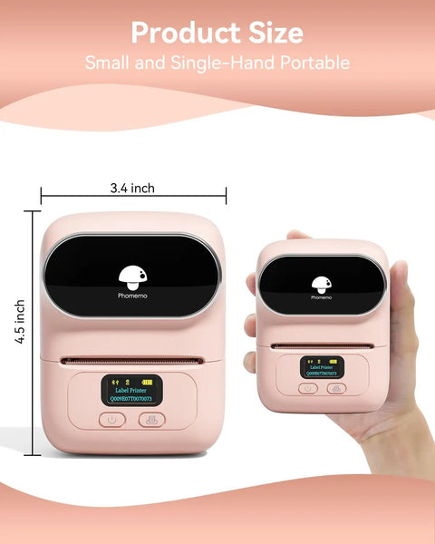 Super Duper Cool M110 Wireless Bluetooth Label Printer, Go To Baby Pink Portable Address Label Maker showing compact size in hand.