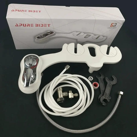Hot And Cold Water Bidet Attachment For Toilet Seat With Dual Nozzle And Rear And Feminine Wash Self Cleaning And Adjustable Water Pressure Non Electric Easy Install No Fuss displayed with box and hoses