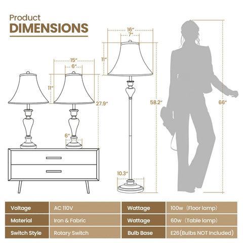 Three Piece Living Room Lamp Set With Vintage Table And Floor Lamps dimensions and specifications illustration