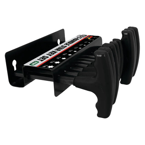 10-Piece Star T-Handle Allen Wrench Set with Long Arm Hex Keys in wall storage rack, carbon steel, black oxide finish